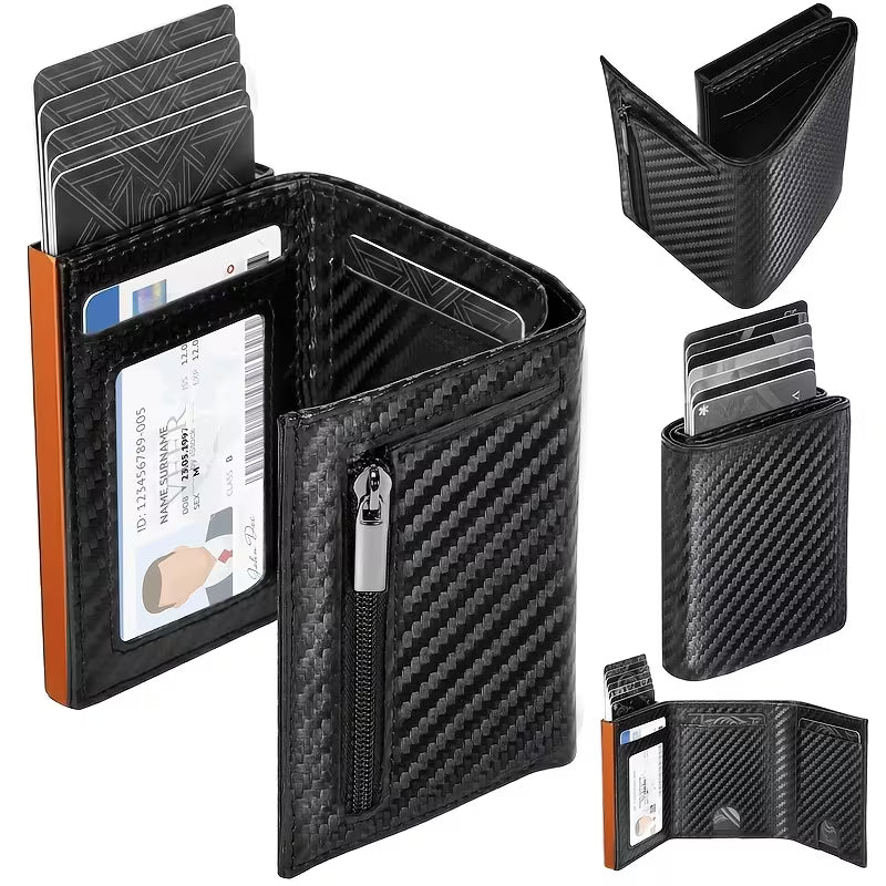 TEEHON Portafoglio Uomo Slim RFID Blocking, Magnetica Fibra di Carbonio Porta Carte di Credito Uomo - ID Window, Tasca Portamonete con Cerniera, Scomparto per Banconota (Classico, Nero Arancione)