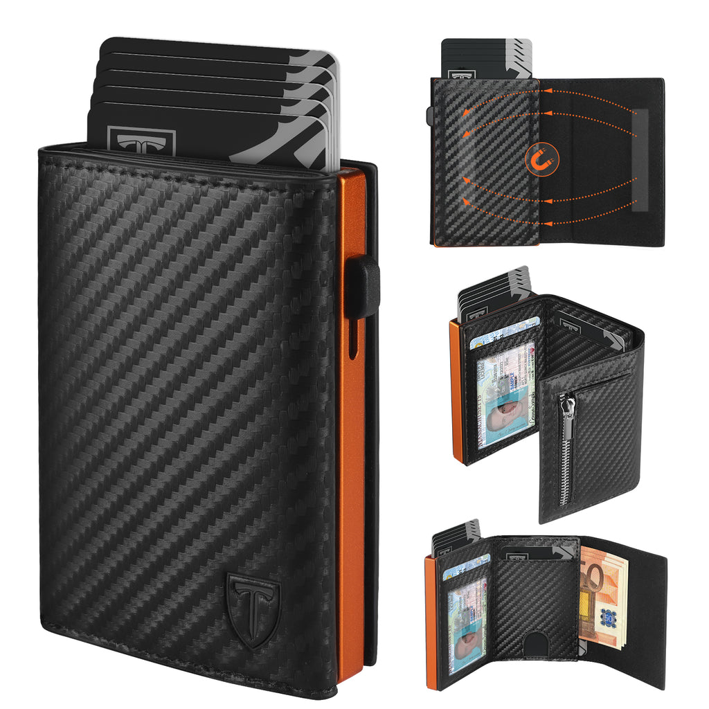 TEEHON Portafoglio Uomo Slim RFID Blocking, Magnetica Fibra di Carbonio Porta Carte di Credito Uomo - ID Window, Tasca Portamonete con Cerniera, Scomparto per Banconota (Nero Arancione)