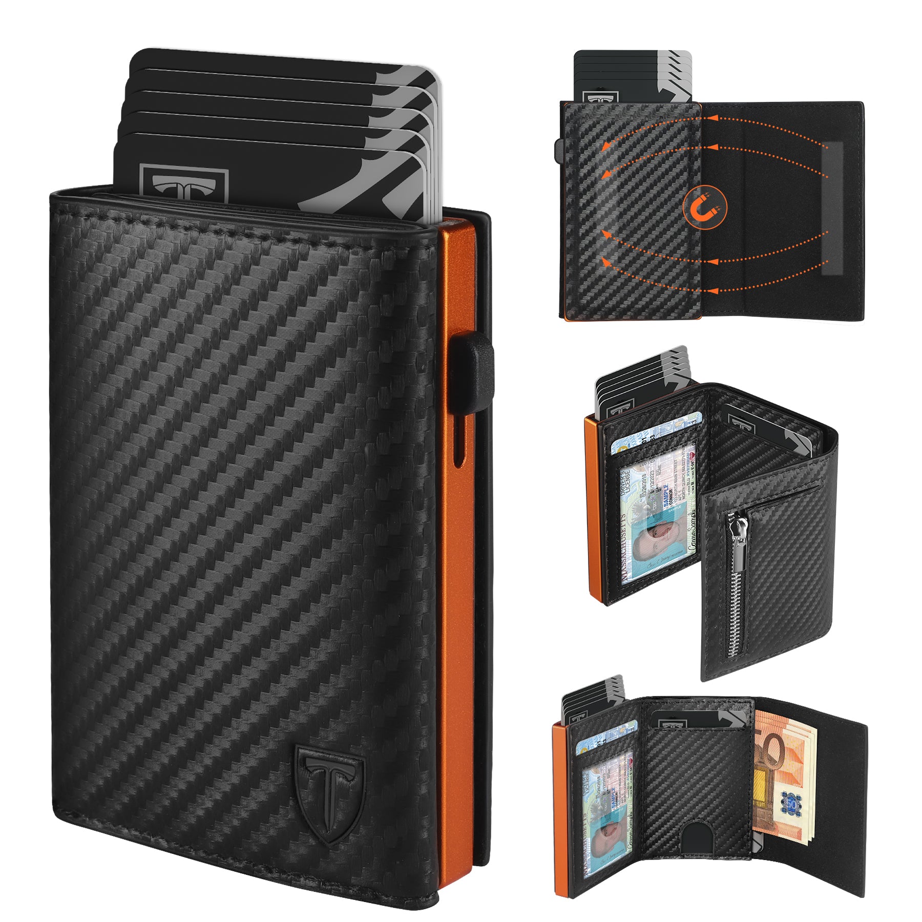 TEEHON Portafoglio Uomo Slim RFID Blocking, Magnetica Fibra di Carbonio Porta Carte di Credito Uomo - ID Window, Tasca Portamonete con Cerniera, Scomparto per Banconota (Nero Arancione)