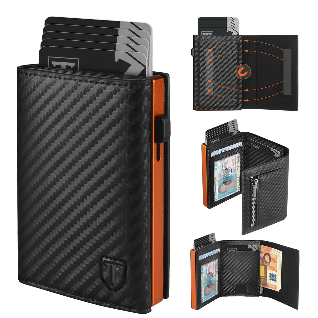TEEHON Portafoglio Uomo Slim RFID Blocking, Magnetica Fibra di Carbonio Porta Carte di Credito Uomo - ID Window, Tasca Portamonete con Cerniera, Scomparto per Banconota (Nero Arancione)
