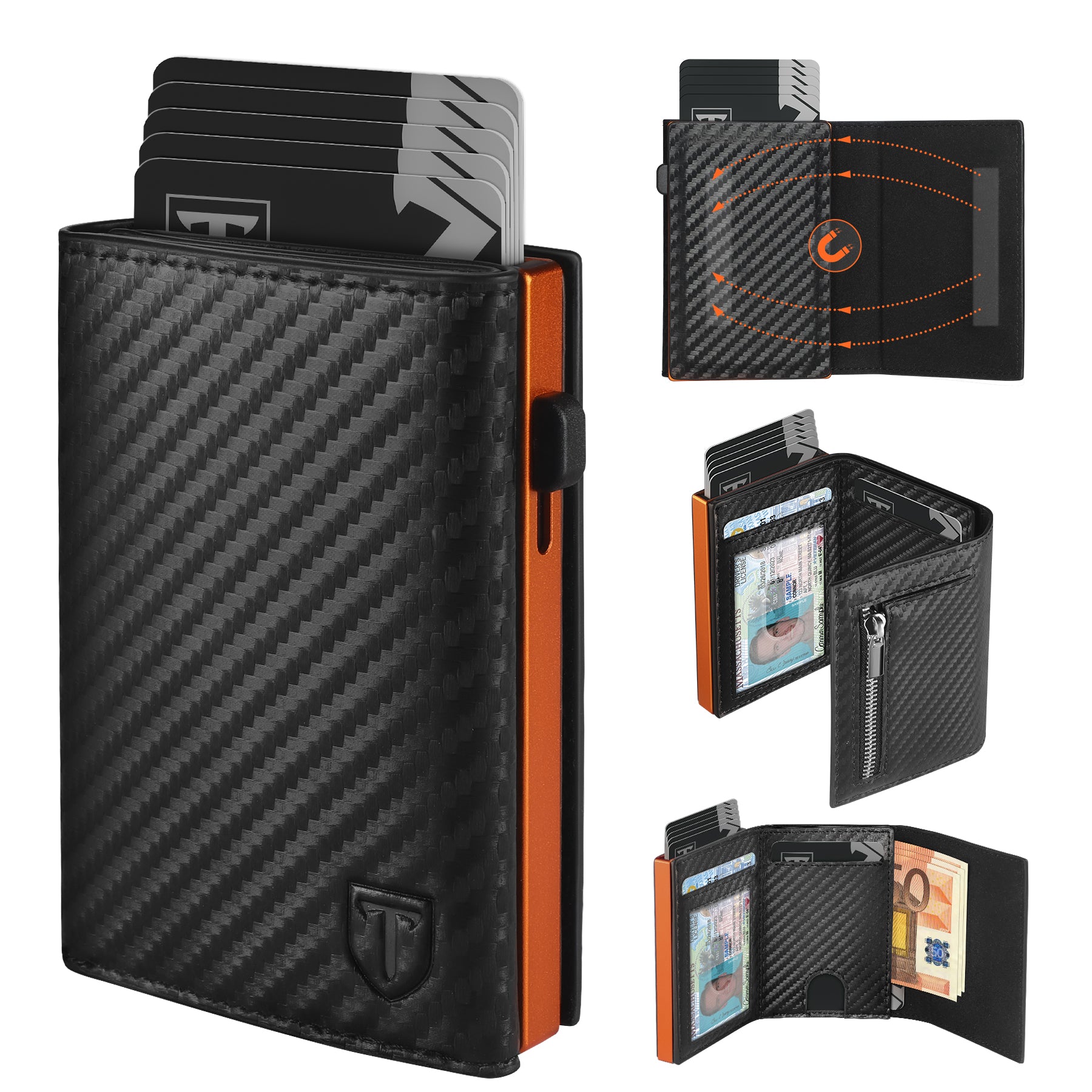 TEEHON Portafoglio Uomo Slim RFID Blocking, Magnetica Fibra di Carbonio Porta Carte di Credito Uomo - ID Window, Tasca Portamonete con Cerniera, Scomparto per Banconota (Nero Arancione)