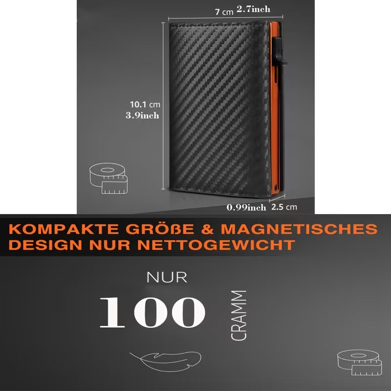 TEEHON Portafoglio Uomo Slim RFID Blocking, Magnetica Fibra di Carbonio Porta Carte di Credito Uomo - ID Window, Tasca Portamonete con Cerniera, Scomparto per Banconota (Classico, Nero Arancione)