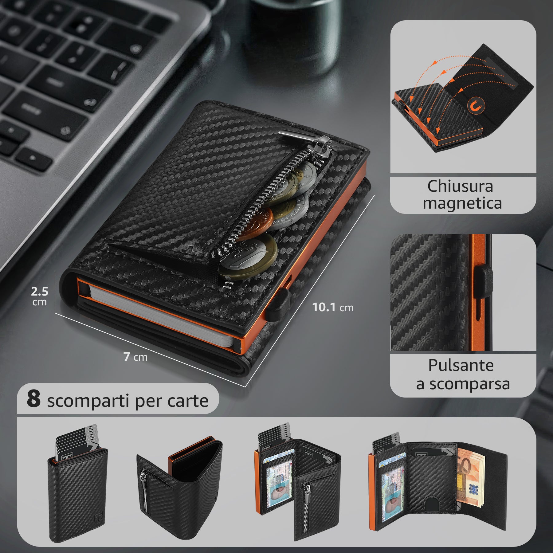 TEEHON Portafoglio Uomo Slim RFID Blocking, Magnetica Fibra di Carbonio Porta Carte di Credito Uomo - ID Window, Tasca Portamonete con Cerniera, Scomparto per Banconota (Nero Arancione)