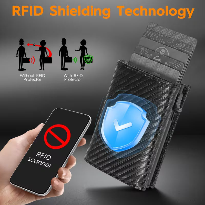 TEEHON Portafoglio Uomo Slim RFID Blocking, Magnetica Fibra di Carbonio Porta Carte di Credito Uomo - ID Window, Tasca Portamonete con Cerniera, Scomparto per Banconota (Classico, Nero Arancione)
