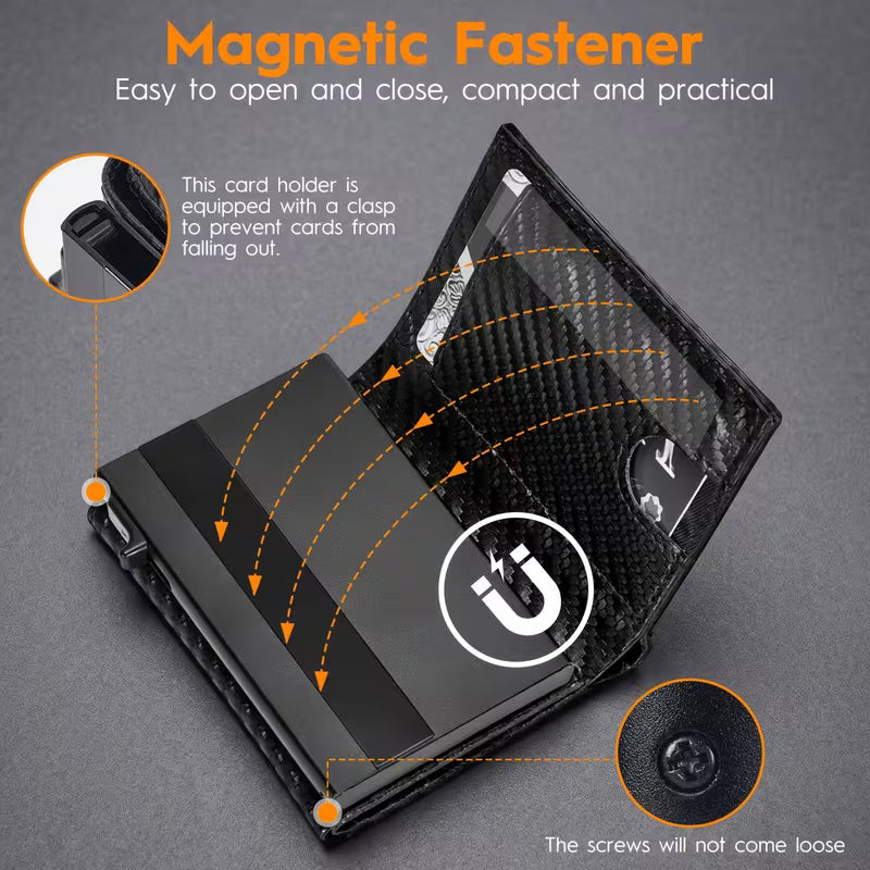 TEEHON Portafoglio Uomo Slim RFID Blocking, Magnetica Fibra di Carbonio Porta Carte di Credito Uomo - ID Window, Tasca Portamonete con Cerniera, Scomparto per Banconota (Classico, Nero Arancione)