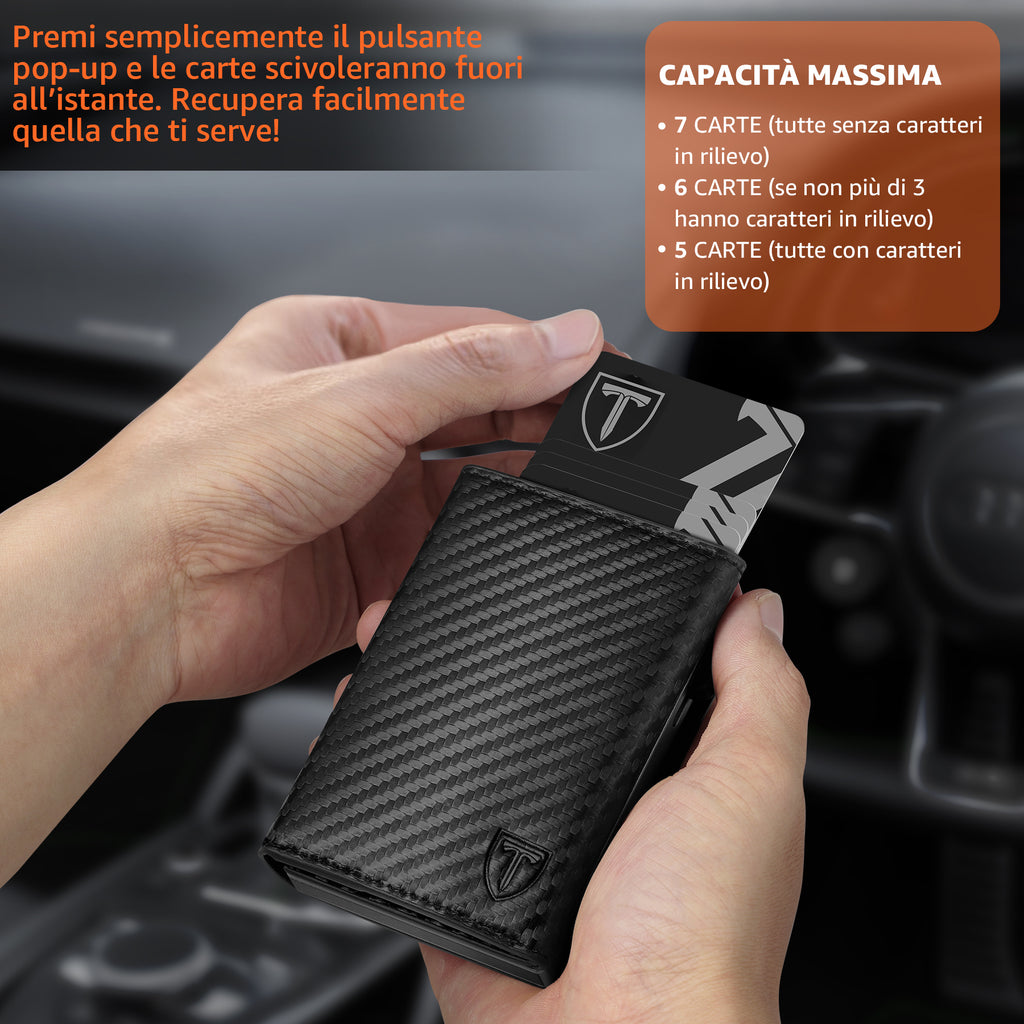 TEEHON Portafoglio Uomo Slim RFID Blocking, Magnetica Fibra di Carbonio Porta Carte di Credito Uomo - ID Window, Tasca Portamonete con Cerniera, Scomparto per Banconota (Nero Arancione)