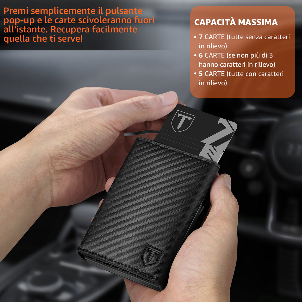 TEEHON Portafoglio Uomo Slim RFID Blocking, Magnetica Fibra di Carbonio Porta Carte di Credito Uomo - ID Window, Tasca Portamonete con Cerniera, Scomparto per Banconota (Nero Arancione)