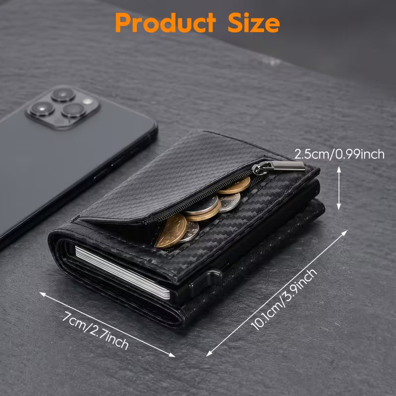 TEEHON Portafoglio Uomo Slim RFID Blocking, Magnetica Fibra di Carbonio Porta Carte di Credito Uomo - ID Window, Tasca Portamonete con Cerniera, Scomparto per Banconota (Classico, Nero Arancione)