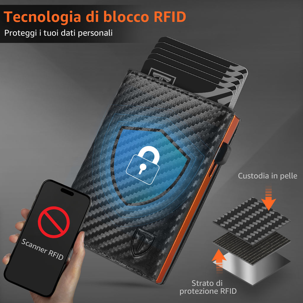 TEEHON Portafoglio Uomo Slim RFID Blocking, Magnetica Fibra di Carbonio Porta Carte di Credito Uomo - ID Window, Tasca Portamonete con Cerniera, Scomparto per Banconota (Nero Arancione)