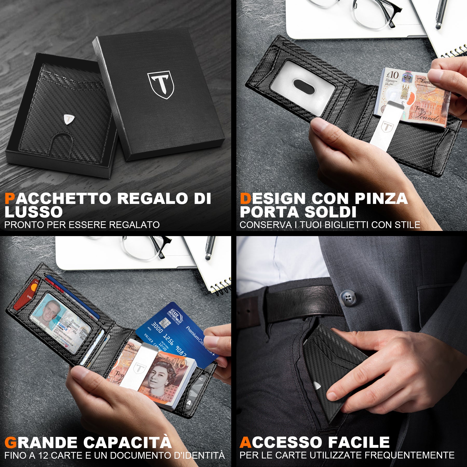 TEEHON Portafoglio Uomo RFID Blocking Portafoglio Uomo Slim Pelle in Fibra di Carbonio con 12 Porta Carte di Credito Uomo, ID Window, Fermasoldi, Bi-Fold Minimalista - Nero (nero)