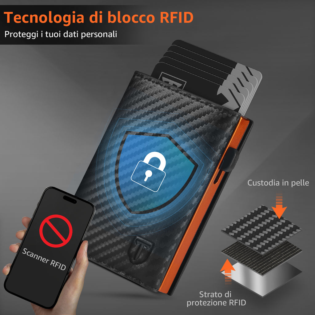 TEEHON Portafoglio Uomo Slim RFID Blocking, Magnetica Fibra di Carbonio Porta Carte di Credito Uomo - ID Window, Tasca Portamonete con Cerniera, Scomparto per Banconota (Nero Arancione)