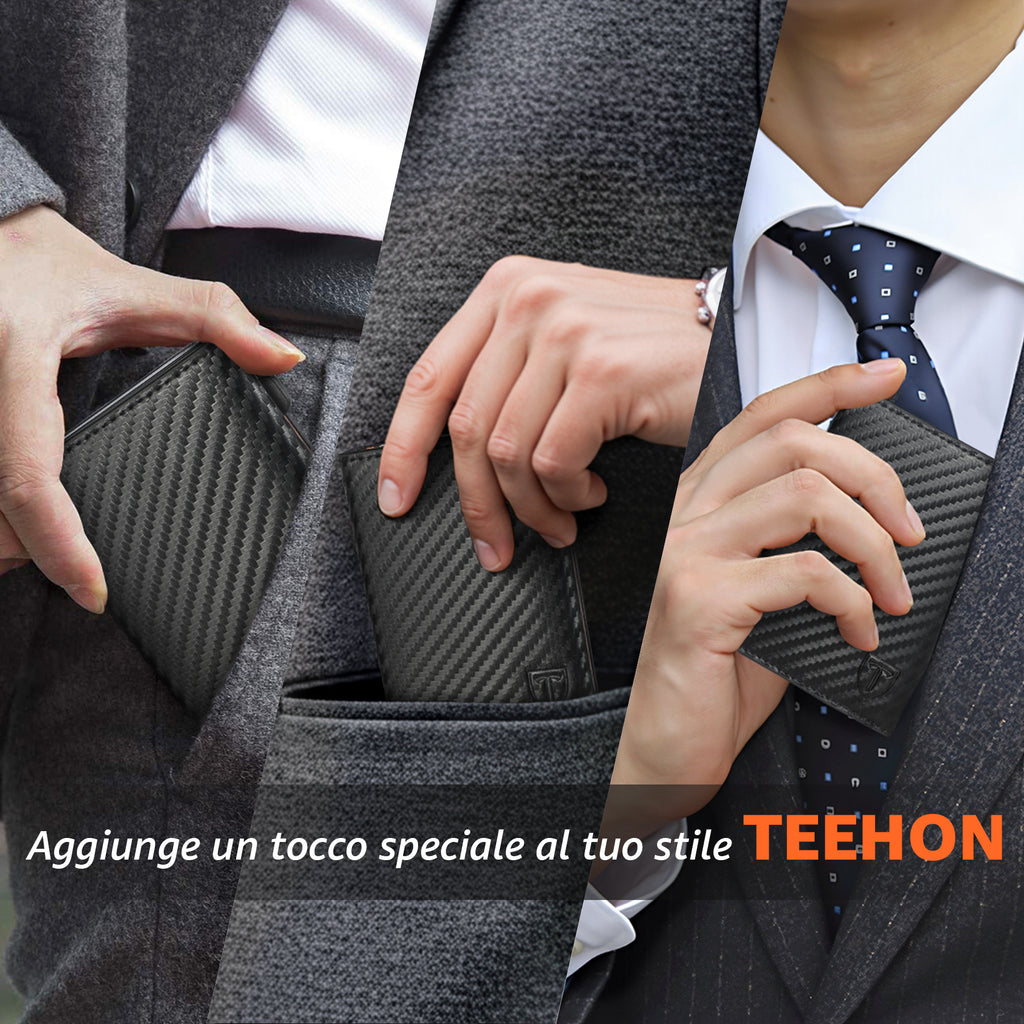 TEEHON Portafoglio Uomo Slim RFID Blocking, Magnetica Fibra di Carbonio Porta Carte di Credito Uomo - ID Window, Tasca Portamonete con Cerniera, Scomparto per Banconota (Nero Arancione)