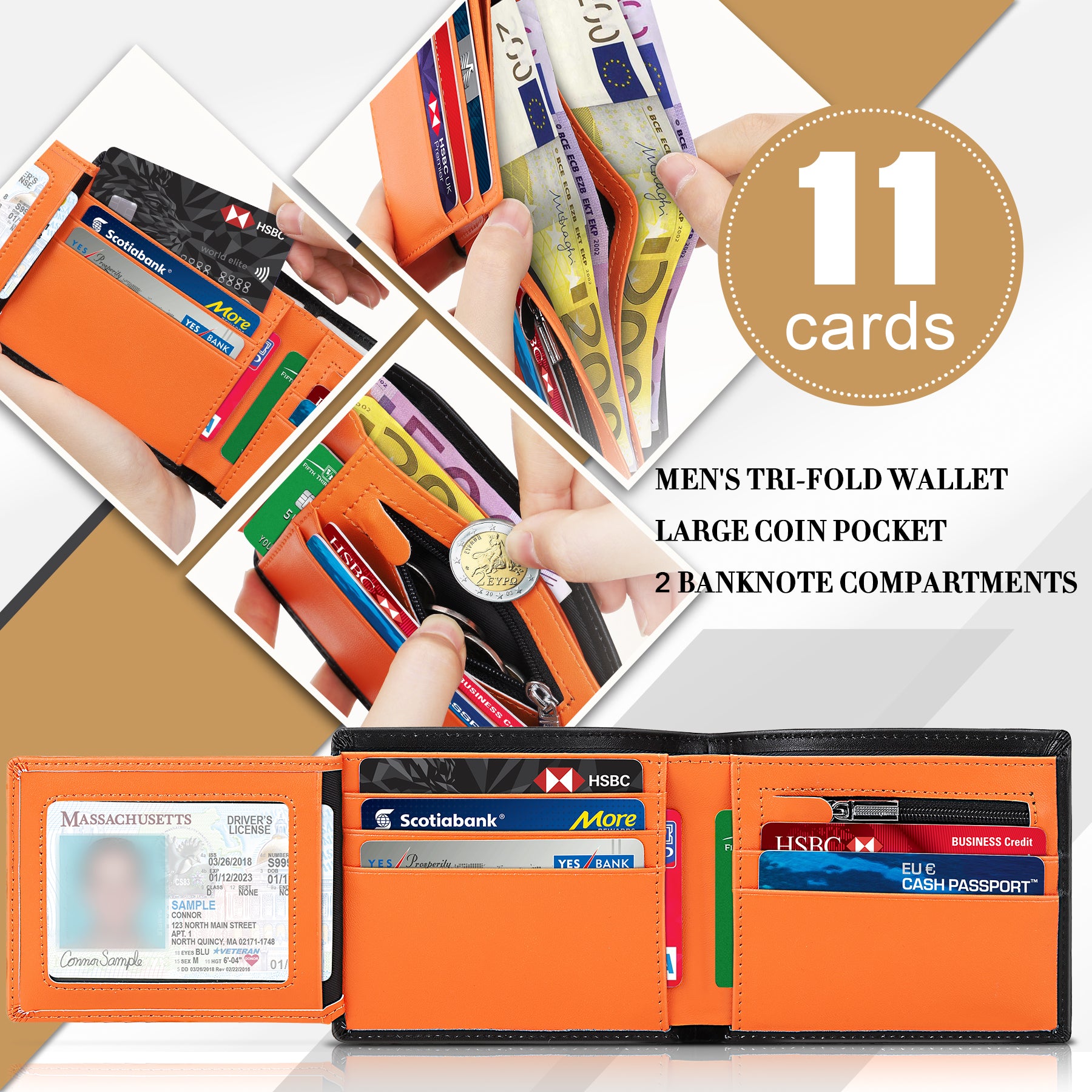 TEEHON® Wallets Slim Genuine Leather RFID Blocking Wallet with 11 Card Holder, 2 banknote compartments, Coin Pocket, Minimalist Wallets for Men UK with Gift Box - Black and Orange
