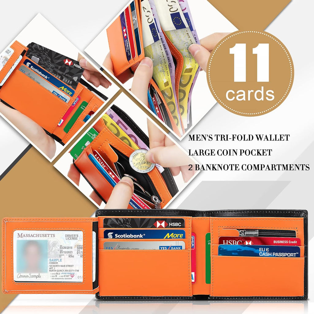 TEEHON® Wallets Slim Genuine Leather RFID Blocking Wallet with 11 Card Holder, 2 banknote compartments, Coin Pocket, Minimalist Wallets for Men UK with Gift Box - Black and Orange