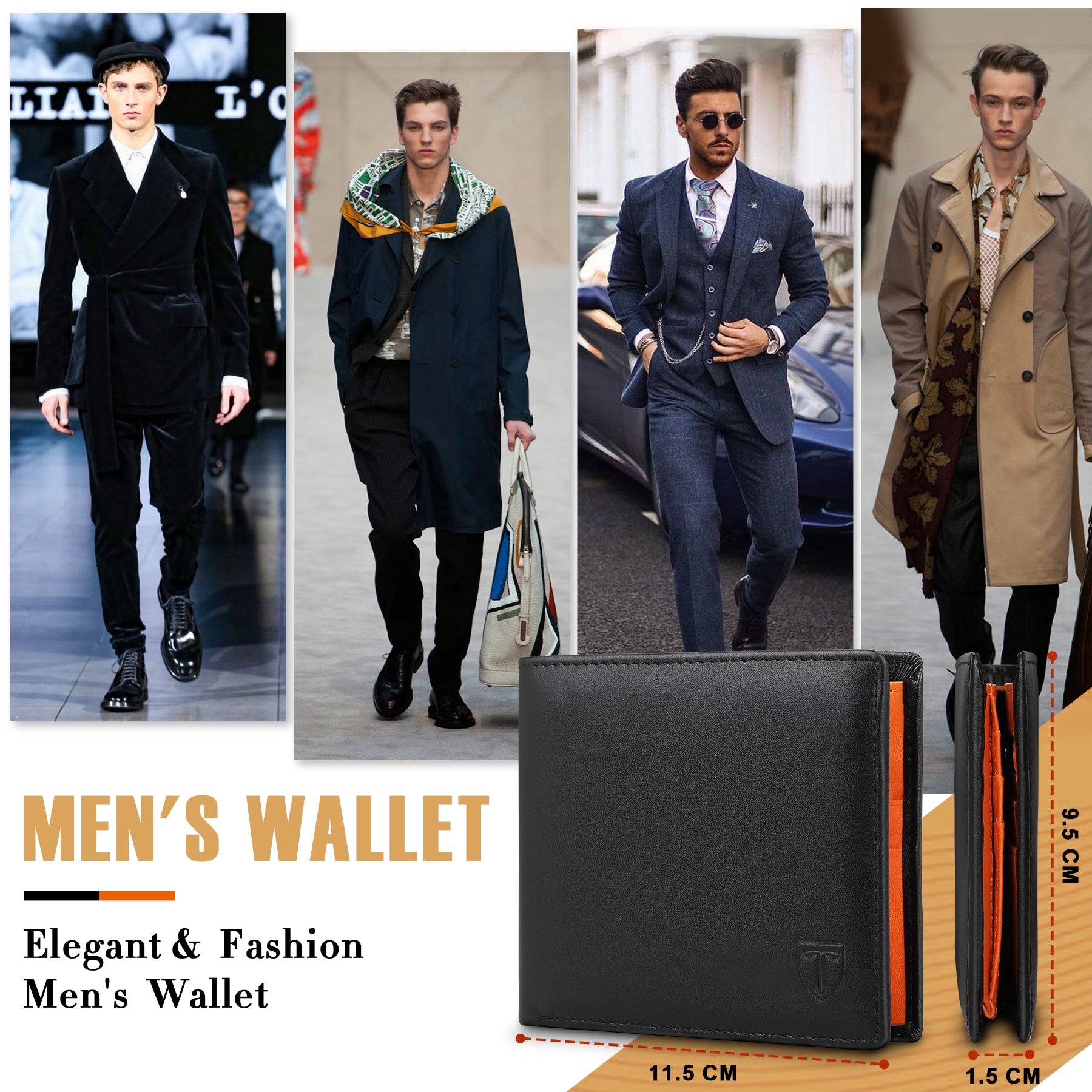 TEEHON® Wallets Slim Genuine Leather RFID Blocking Wallet with 11 Card Holder, 2 banknote compartments, Coin Pocket, Minimalist Wallets for Men UK with Gift Box - Black and Orange