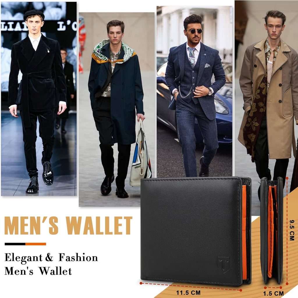TEEHON® Wallets Slim Genuine Leather RFID Blocking Wallet with 11 Card Holder, 2 banknote compartments, Coin Pocket, Minimalist Wallets for Men UK with Gift Box - Black and Orange