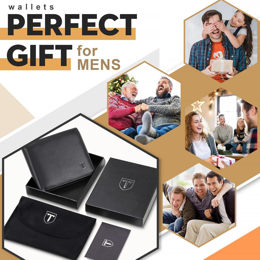 TEEHON® Wallets Slim Genuine Leather RFID Blocking Wallet with 11 Card Holder, 2 banknote compartments, Coin Pocket, Minimalist Wallets for Men UK with Gift Box - Black and Orange