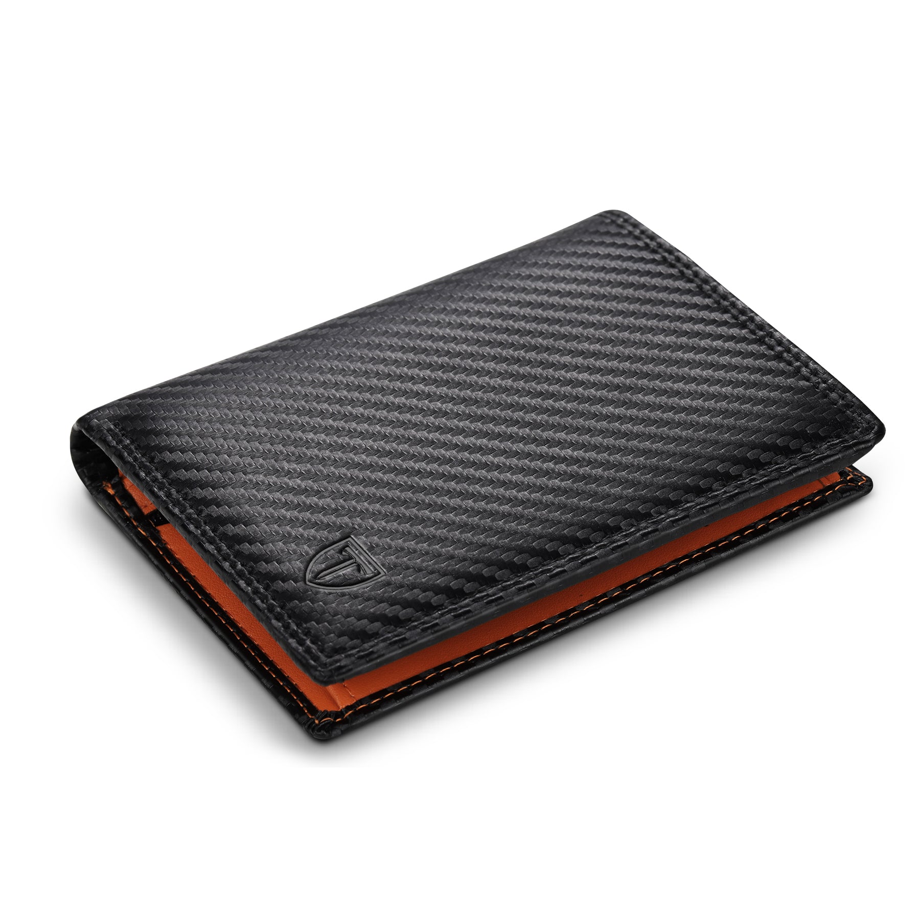 TEEHON® Wallets RFID Blocking Carbon Fibre Leather Mens Wallets with Zip Coin Pocket, 11 Card Holders, 2 ID Windows, 2 Banknote Compartments, Trifold Vertical, Black Orange