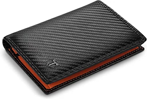 TEEHON Wallets RFID Blocking Carbon Fibre Leather Mens Wallets with Zip Coin Pocket, 11 Card Holders, 2 ID Windows, 2 Banknote Compartments, Trifold Vertical, Black Orange