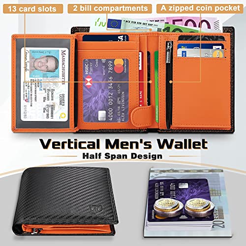 TEEHON Wallets RFID Blocking Carbon Fibre Leather Mens Wallets with Zip Coin Pocket, 11 Card Holders, 2 ID Windows, 2 Banknote Compartments, Trifold Vertical, Black Orange