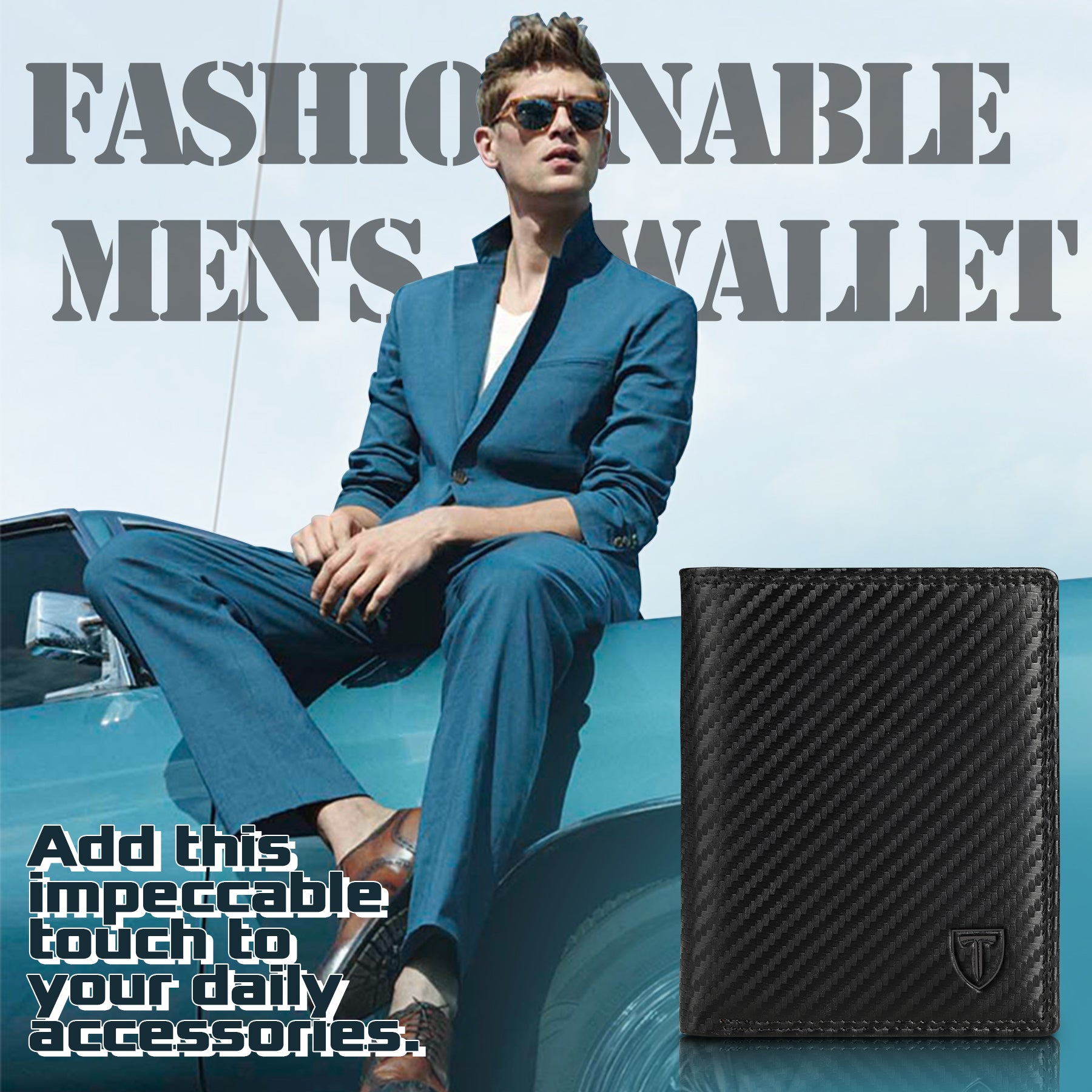 TEEHON® Wallets RFID Blocking Carbon Fibre Leather Mens Wallets with Zip Coin Pocket, 11 Card Holders, 2 ID Windows, 2 Banknote Compartments, Trifold Vertical, Black Orange