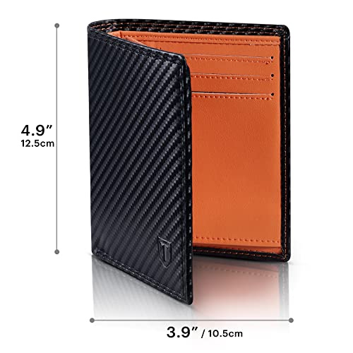 TEEHON Wallets RFID Blocking Carbon Fibre Leather Mens Wallets with Zip Coin Pocket, 11 Card Holders, 2 ID Windows, 2 Banknote Compartments, Trifold Vertical, Black Orange