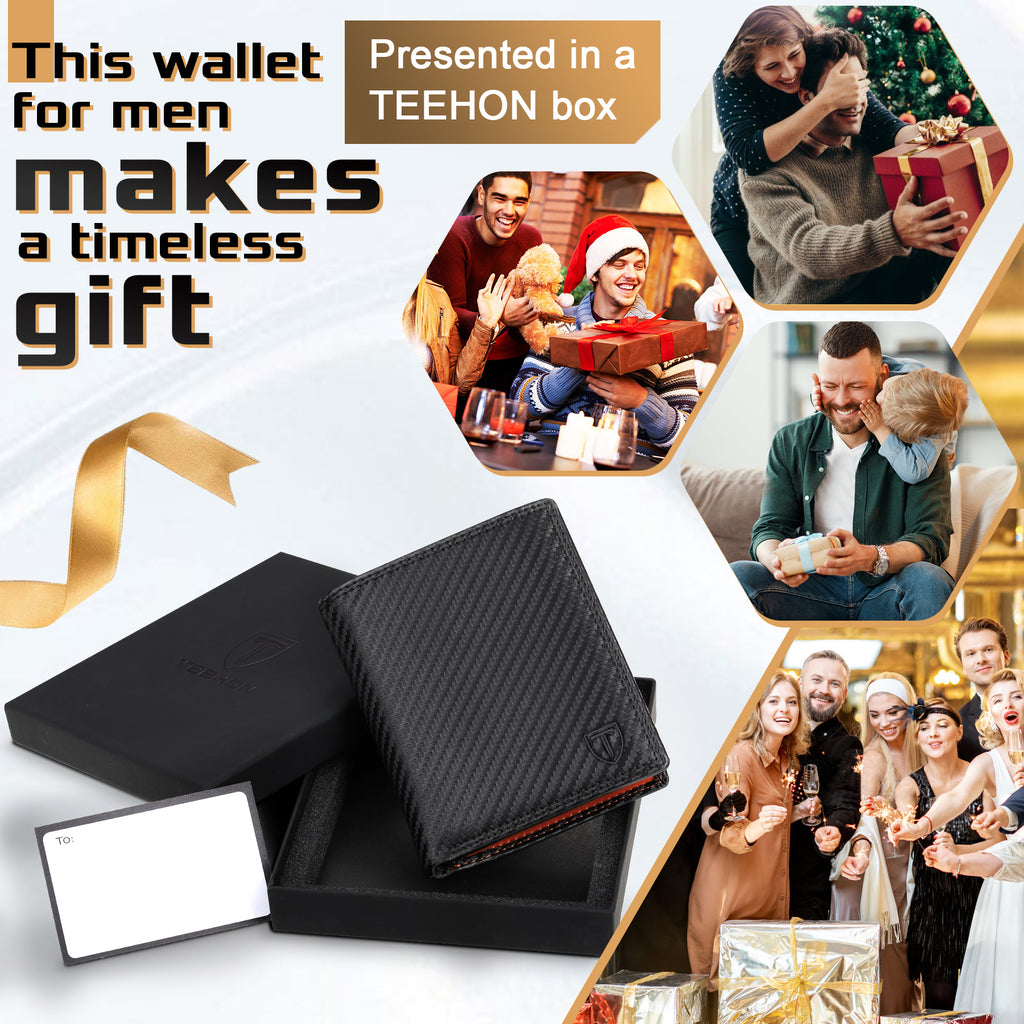TEEHON® Wallets RFID Blocking Carbon Fibre Leather Mens Wallets with Zip Coin Pocket, 11 Card Holders, 2 ID Windows, 2 Banknote Compartments, Trifold Vertical, Black Orange