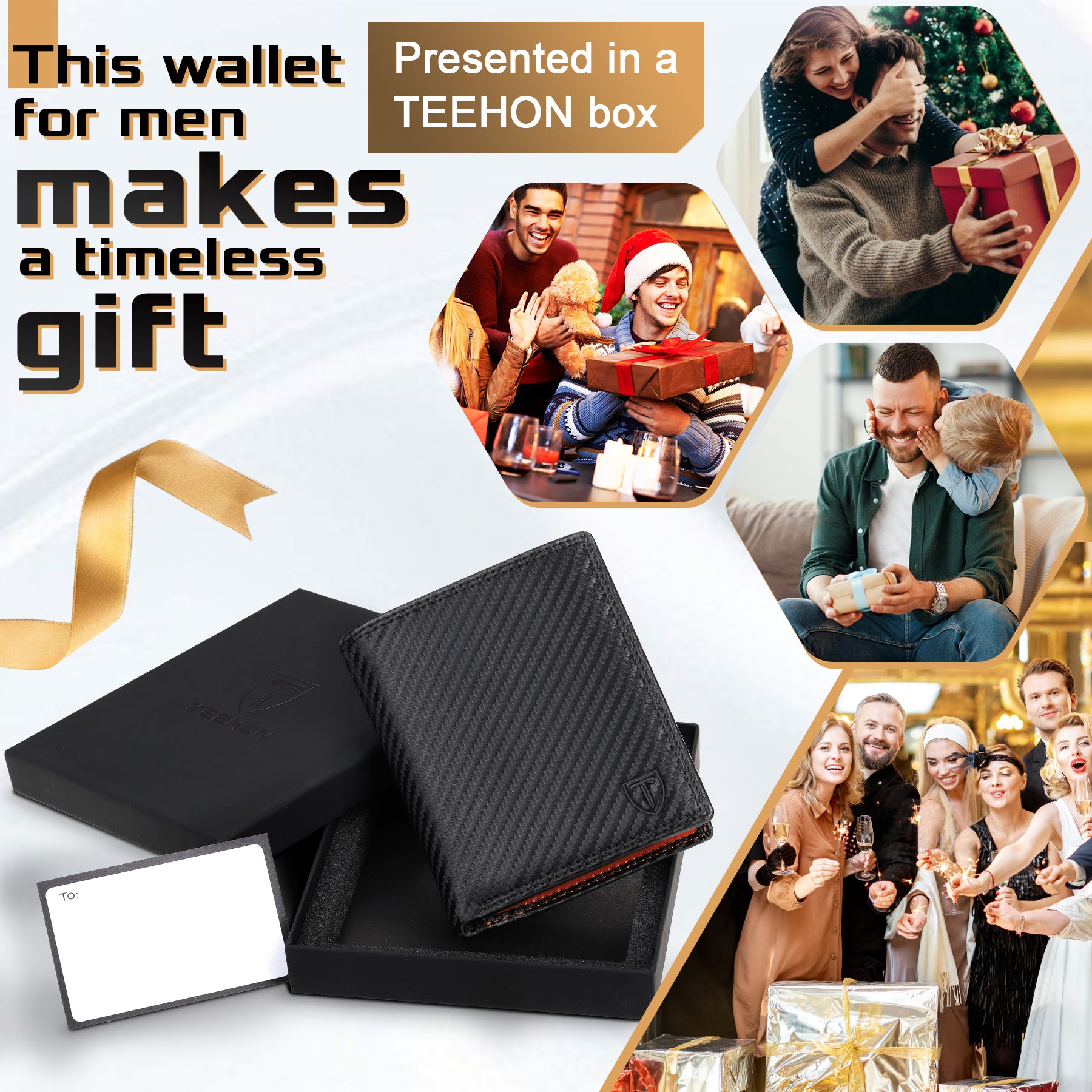 TEEHON® Wallets RFID Blocking Carbon Fibre Leather Mens Wallets with Zip Coin Pocket, 11 Card Holders, 2 ID Windows, 2 Banknote Compartments, Trifold Vertical, Black Orange