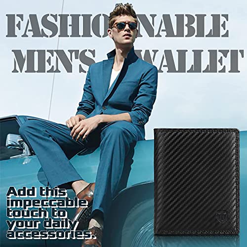 TEEHON Wallets RFID Blocking Carbon Fibre Leather Mens Wallets with Zip Coin Pocket, 11 Card Holders, 2 ID Windows, 2 Banknote Compartments, Trifold Vertical, Black Orange