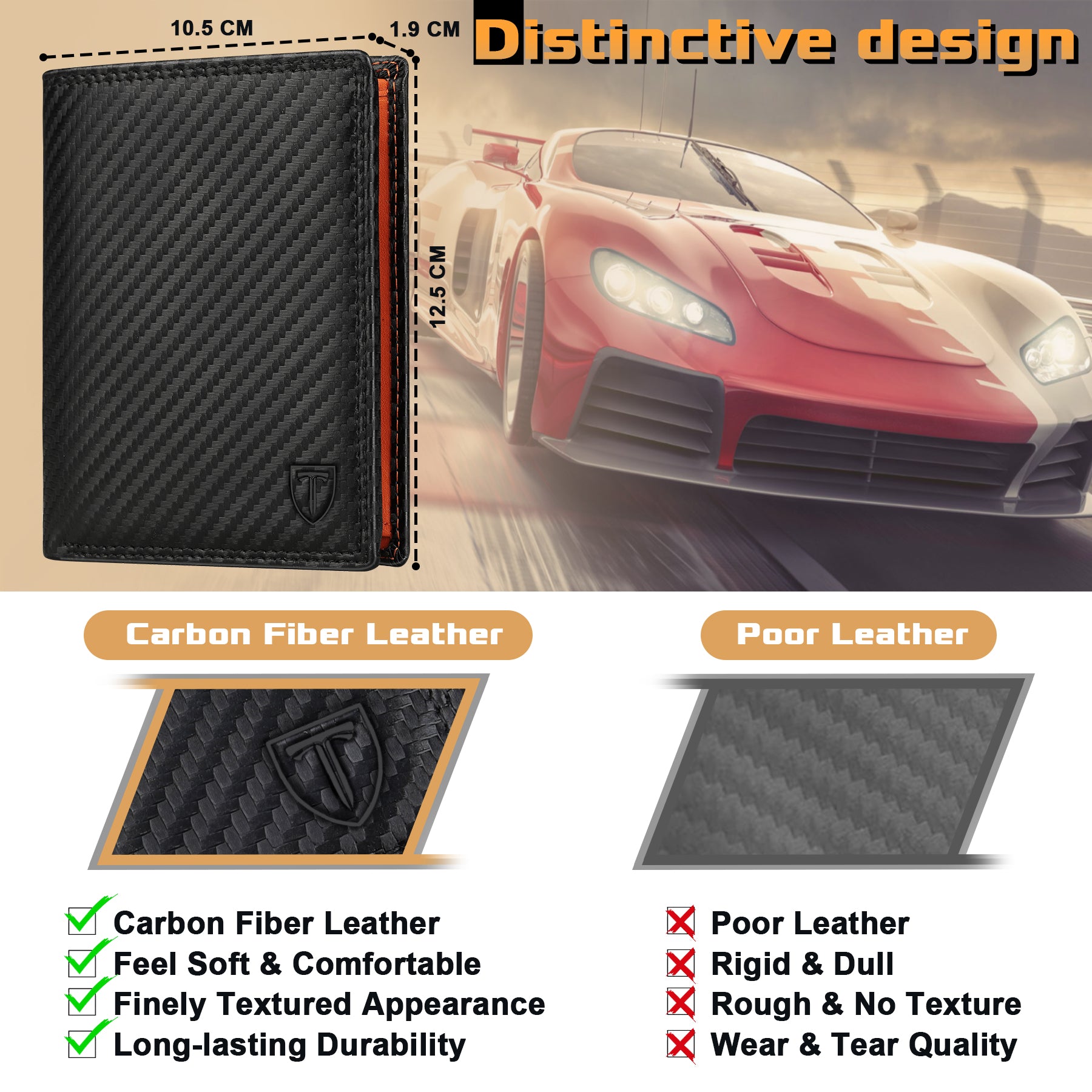 TEEHON® Wallets RFID Blocking Carbon Fibre Leather Mens Wallets with Zip Coin Pocket, 11 Card Holders, 2 ID Windows, 2 Banknote Compartments, Trifold Vertical, Black Orange