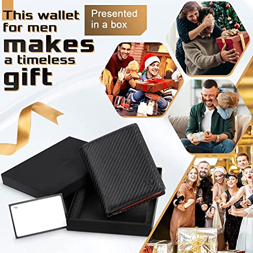 TEEHON Wallets RFID Blocking Carbon Fibre Leather Mens Wallets with Zip Coin Pocket, 11 Card Holders, 2 ID Windows, 2 Banknote Compartments, Trifold Vertical, Black Orange