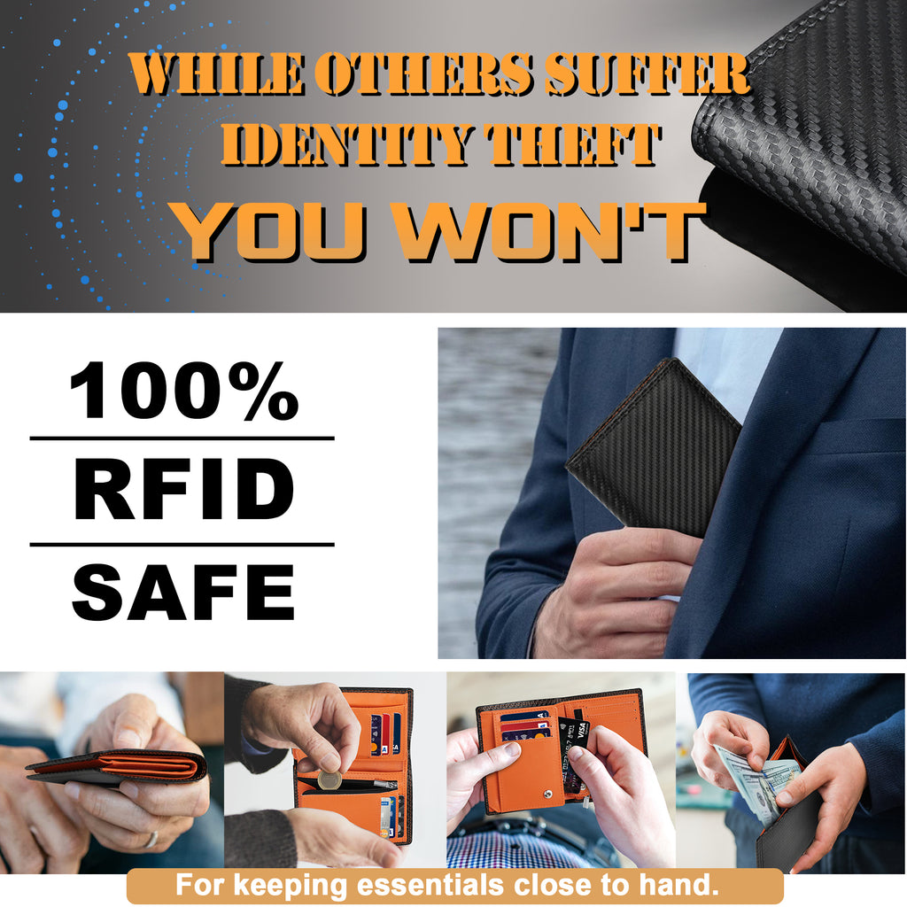 TEEHON® Wallets RFID Blocking Carbon Fibre Leather Mens Wallets with Zip Coin Pocket, 11 Card Holders, 2 ID Windows, 2 Banknote Compartments, Trifold Vertical, Black Orange