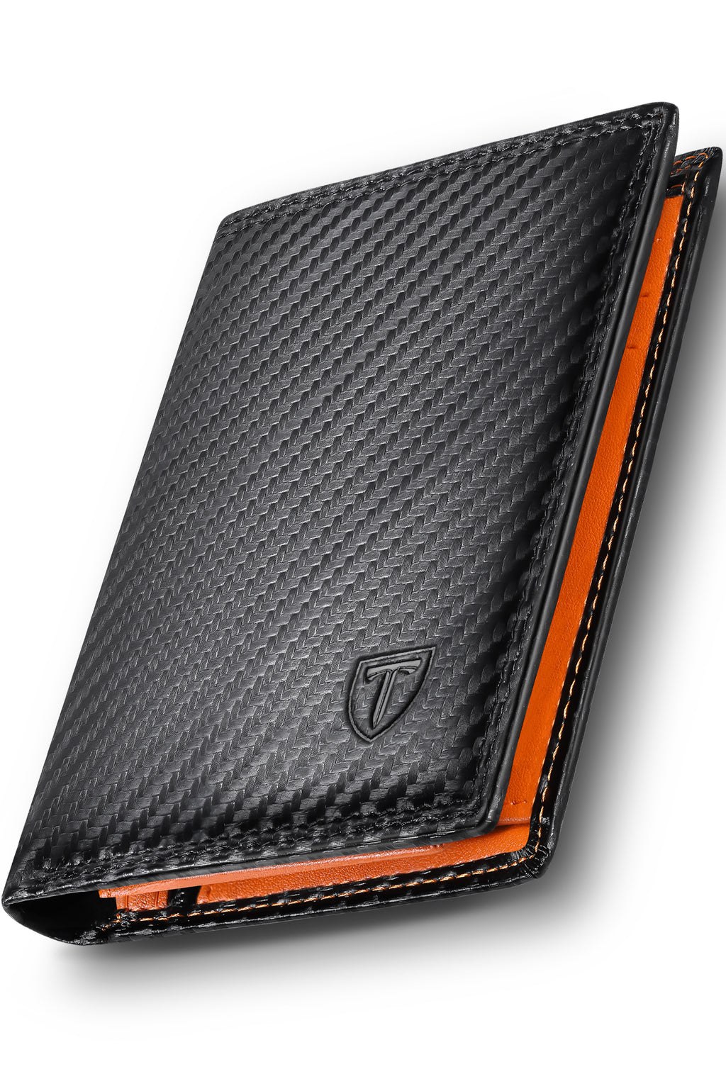 TEEHON Wallets Mens RFID Blocking, Carbon Fiber Leather UK, 12 Credit Card Holders & ID Window & Coin Pocket & 2 Banknote Compartments, Bifold Wallet w/ Gift Box Black & Orange, 12. 5x10. 5x1. 9cm