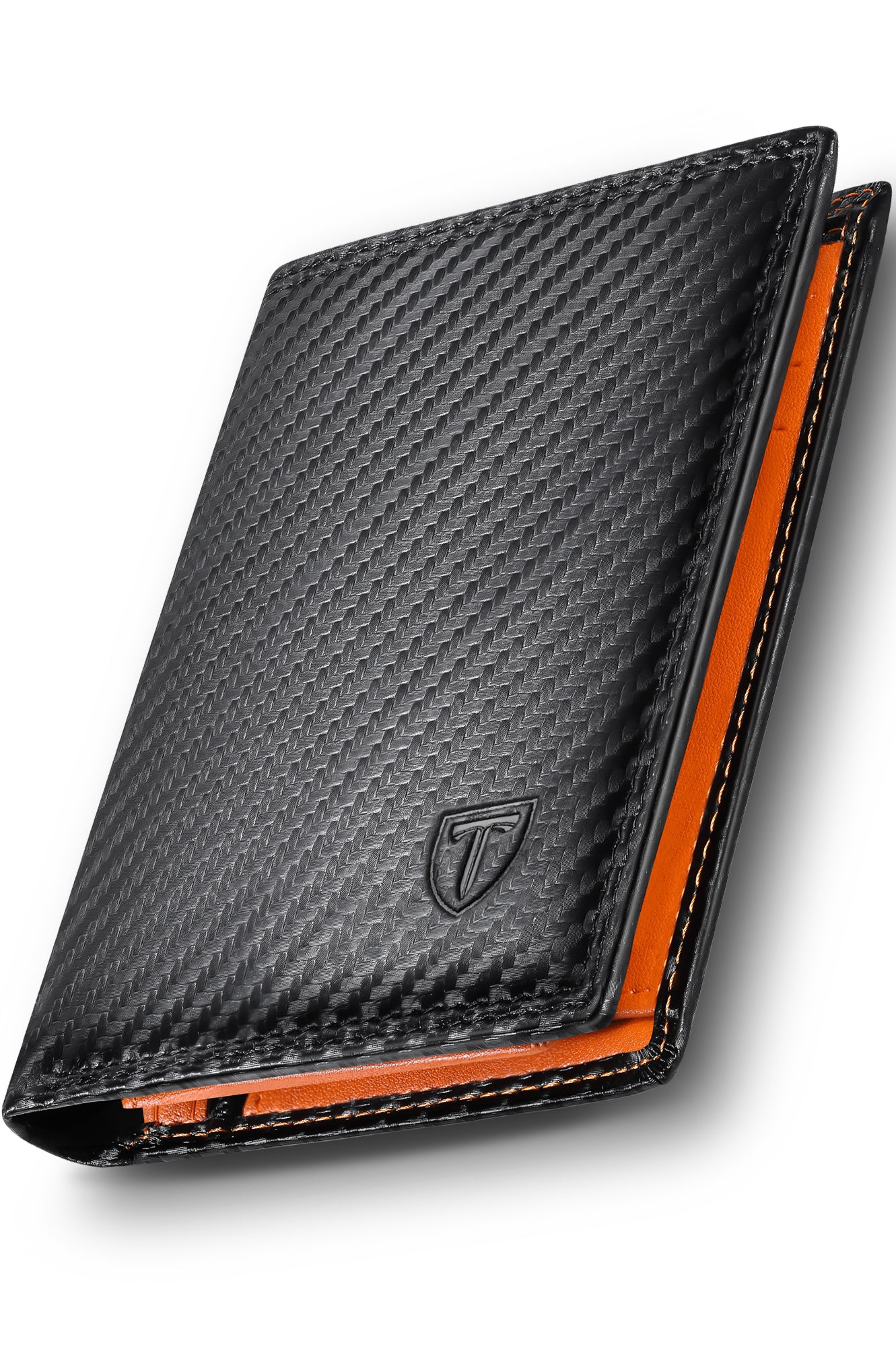 TEEHON Wallets Mens RFID Blocking, Carbon Fiber Leather UK, 12 Credit Card Holders & ID Window & Coin Pocket & 2 Banknote Compartments, Bifold Wallet w/ Gift Box Black & Orange, 12. 5x10. 5x1. 9cm