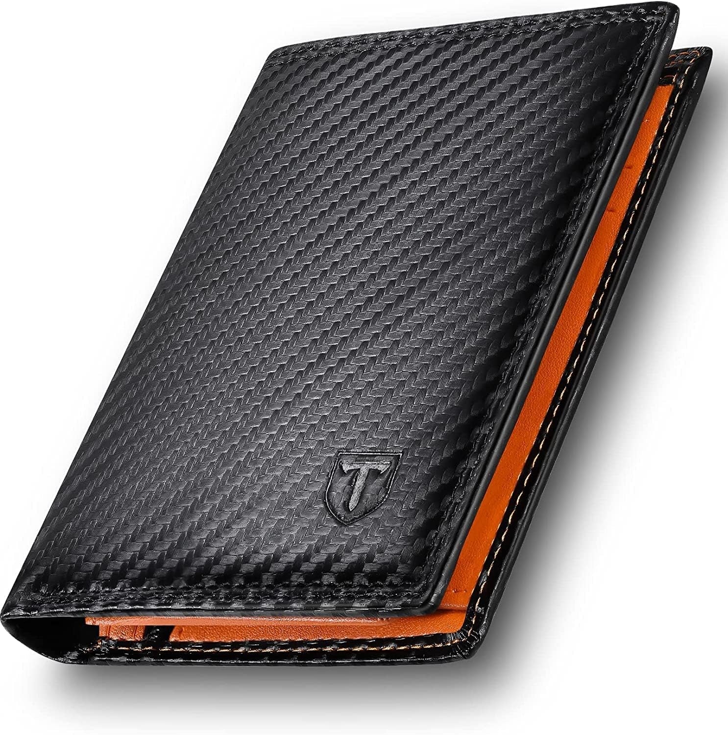TEEHON Wallets Mens RFID Blocking, Carbon Fiber Leather UK, 12 Credit Card Holders & ID Window & Coin Pocket & 2 Banknote Compartments, Bifold Wallet w/ Gift Box Black & Orange, 12. 5x10. 5x1. 9cm