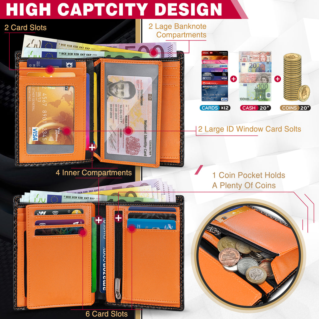 TEEHON Wallets Mens RFID Blocking, Carbon Fiber Leather UK, 12 Credit Card Holders & ID Window & Coin Pocket & 2 Banknote Compartments, Bifold Wallet w/ Gift Box Black & Orange, 12. 5x10. 5x1. 9cm