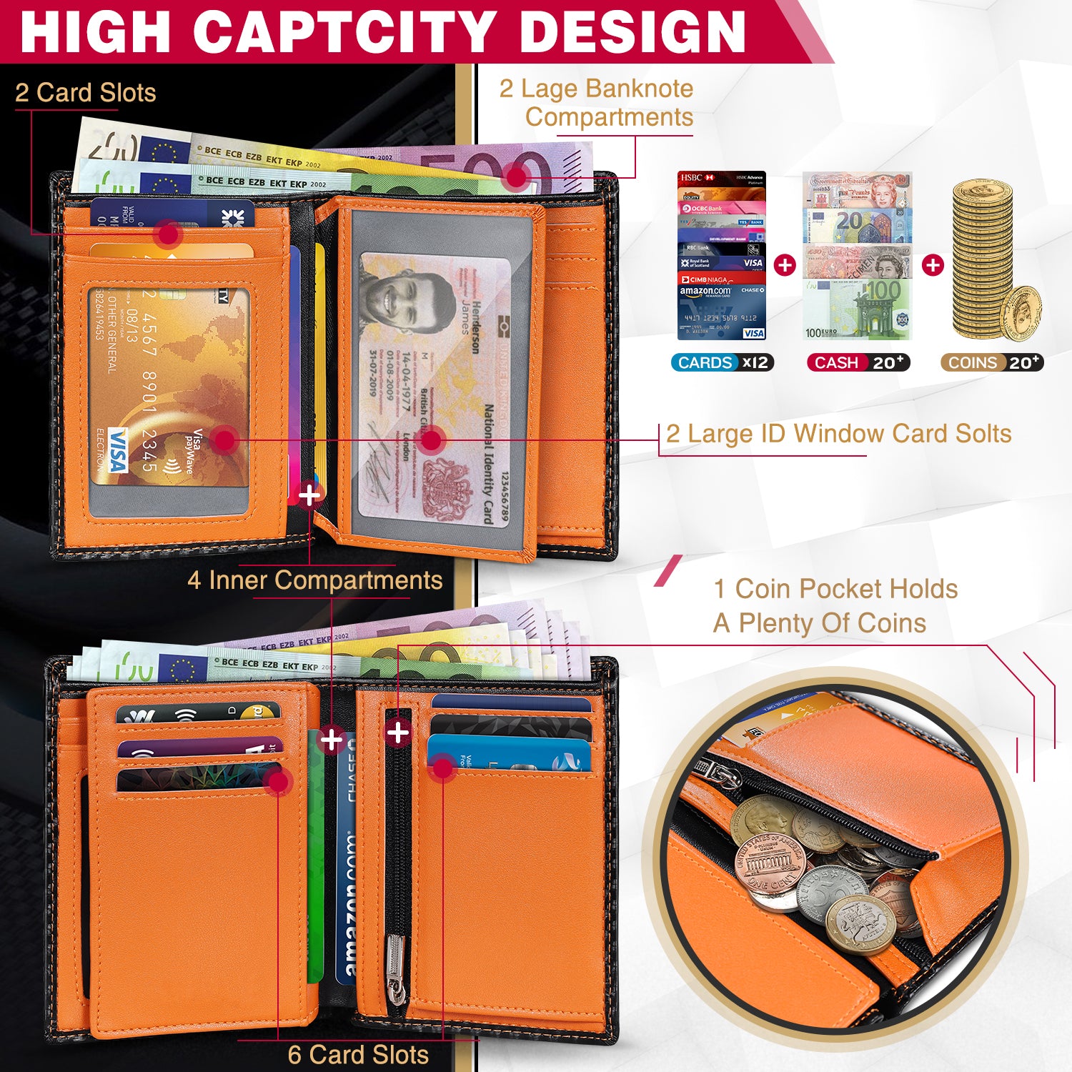 TEEHON Wallets Mens RFID Blocking, Carbon Fiber Leather UK, 12 Credit Card Holders & ID Window & Coin Pocket & 2 Banknote Compartments, Bifold Wallet w/ Gift Box Black & Orange, 12. 5x10. 5x1. 9cm