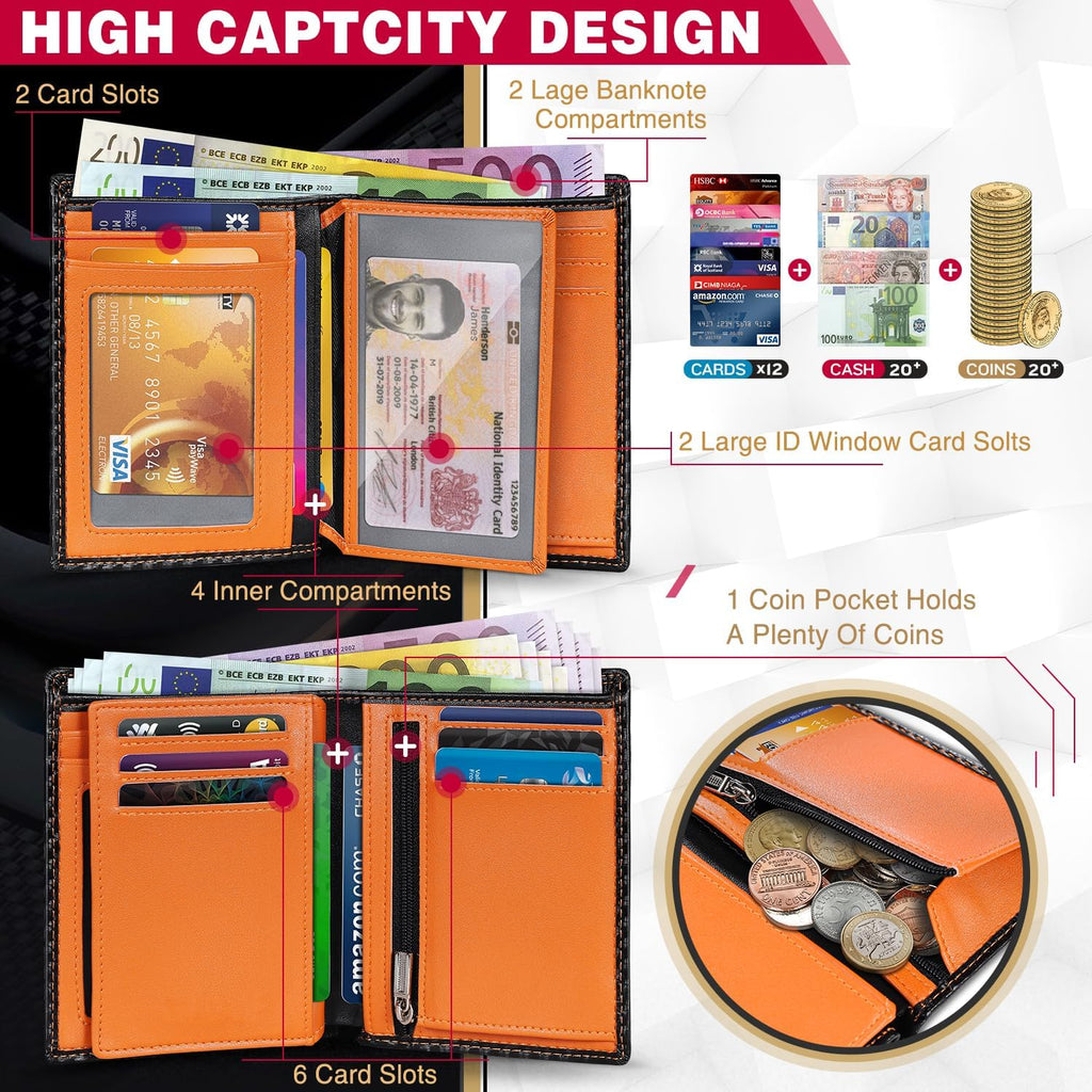 TEEHON Wallets Mens RFID Blocking, Carbon Fiber Leather UK, 12 Credit Card Holders & ID Window & Coin Pocket & 2 Banknote Compartments, Bifold Wallet w/ Gift Box Black & Orange, 12. 5x10. 5x1. 9cm