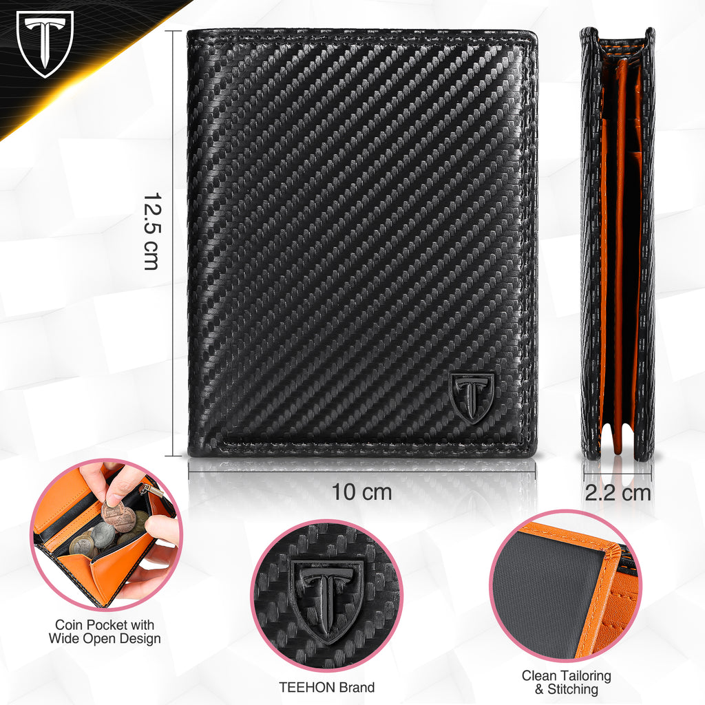 TEEHON Wallets Mens RFID Blocking, Carbon Fiber Leather UK, 12 Credit Card Holders & ID Window & Coin Pocket & 2 Banknote Compartments, Bifold Wallet w/ Gift Box Black & Orange, 12. 5x10. 5x1. 9cm