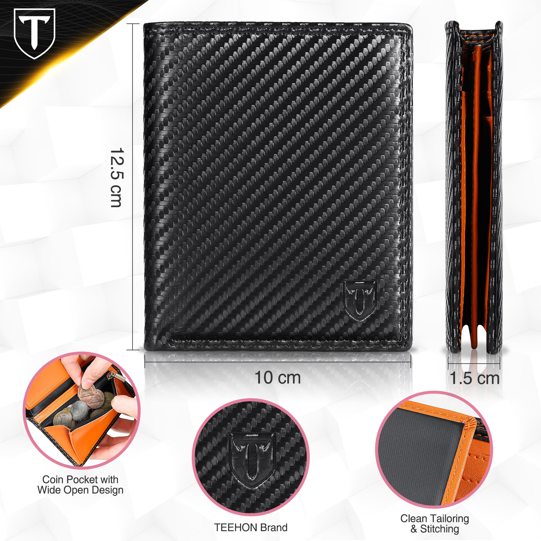 TEEHON Wallets Mens RFID Blocking, Carbon Fiber Leather UK, 12 Credit Card Holders & ID Window & Coin Pocket & 2 Banknote Compartments, Bifold Wallet w/ Gift Box Black & Orange, 12. 5x10. 5x1. 9cm