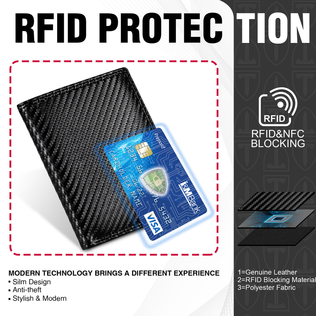 TEEHON Wallets Mens RFID Blocking, Carbon Fiber Leather UK, 12 Credit Card Holders & ID Window & Coin Pocket & 2 Banknote Compartments, Bifold Wallet w/ Gift Box Black & Orange, 12. 5x10. 5x1. 9cm