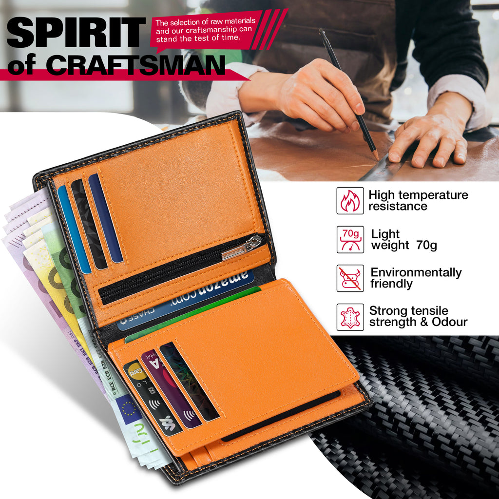 TEEHON Wallets Mens RFID Blocking, Carbon Fiber Leather UK, 12 Credit Card Holders & ID Window & Coin Pocket & 2 Banknote Compartments, Bifold Wallet w/ Gift Box Black & Orange, 12. 5x10. 5x1. 9cm