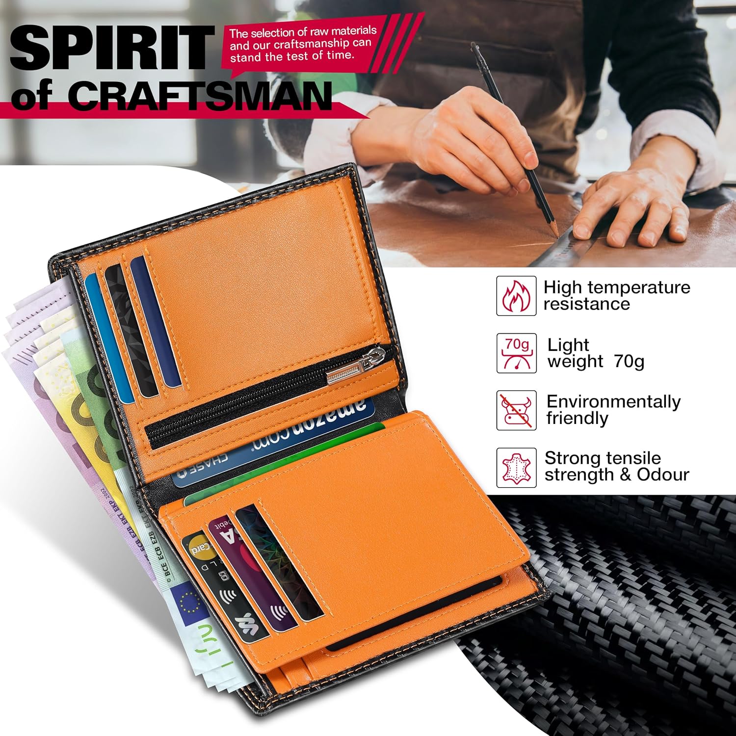 TEEHON Wallets Mens RFID Blocking, Carbon Fiber Leather UK, 12 Credit Card Holders & ID Window & Coin Pocket & 2 Banknote Compartments, Bifold Wallet w/ Gift Box Black & Orange, 12. 5x10. 5x1. 9cm