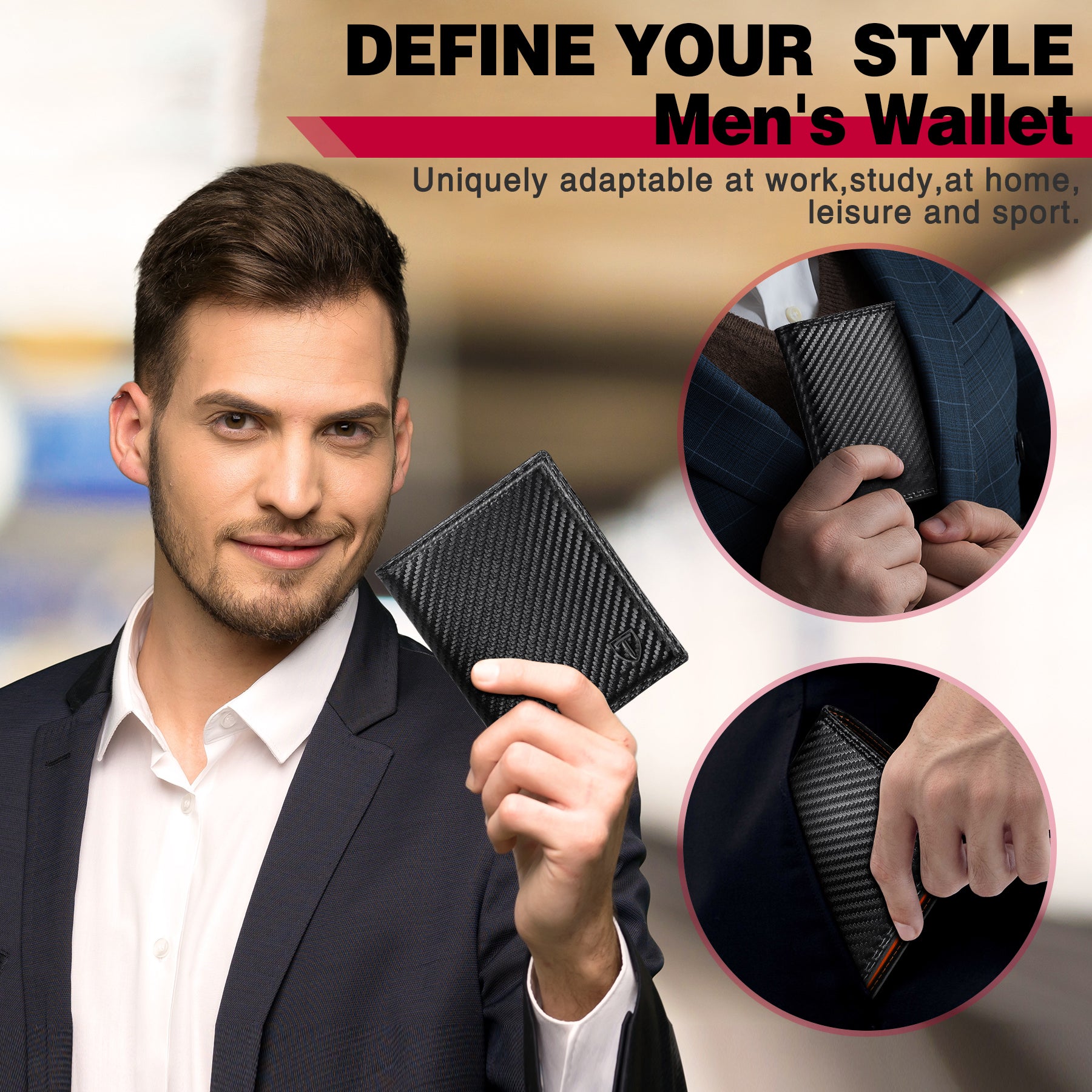 TEEHON Wallets Mens RFID Blocking, Carbon Fiber Leather UK, 12 Credit Card Holders & ID Window & Coin Pocket & 2 Banknote Compartments, Bifold Wallet w/ Gift Box Black & Orange, 12. 5x10. 5x1. 9cm