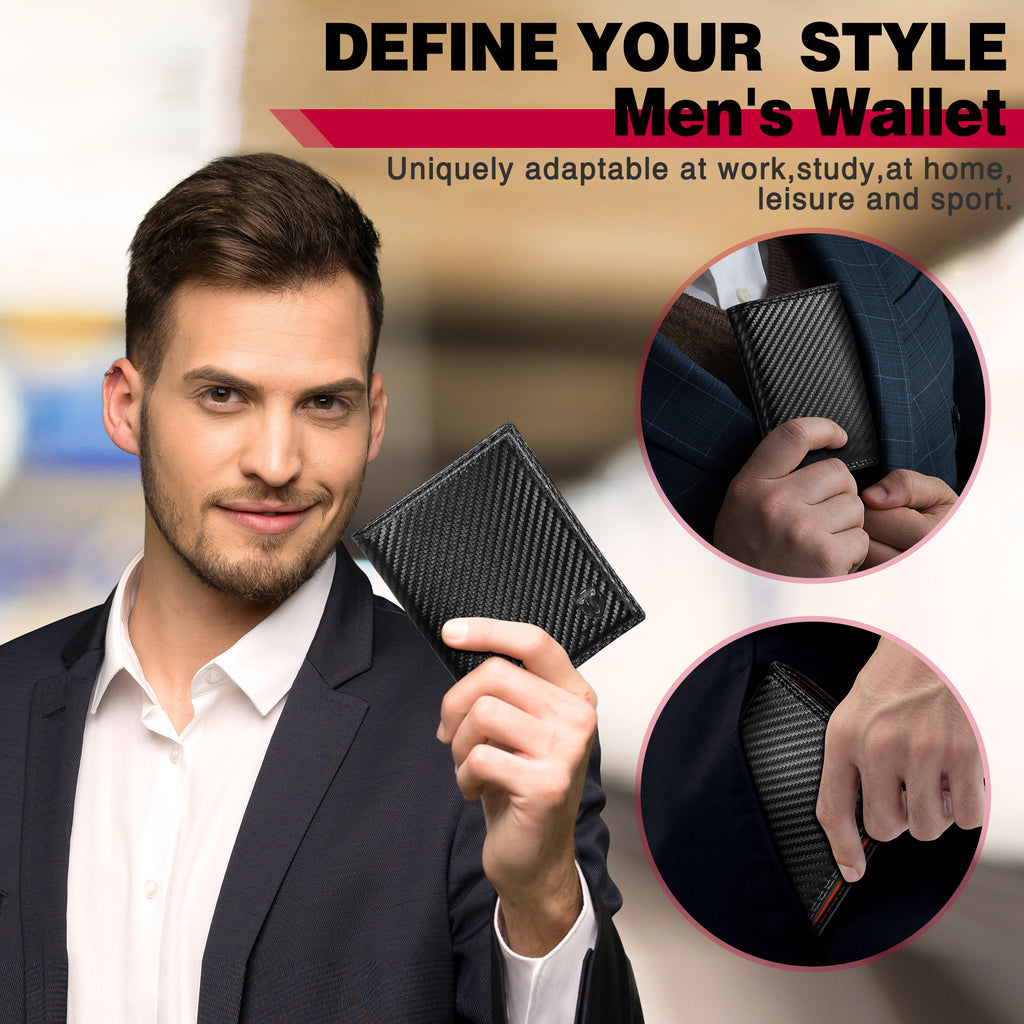 TEEHON Wallets Mens RFID Blocking, Carbon Fiber Leather UK, 12 Credit Card Holders & ID Window & Coin Pocket & 2 Banknote Compartments, Bifold Wallet w/ Gift Box Black & Orange, 12. 5x10. 5x1. 9cm