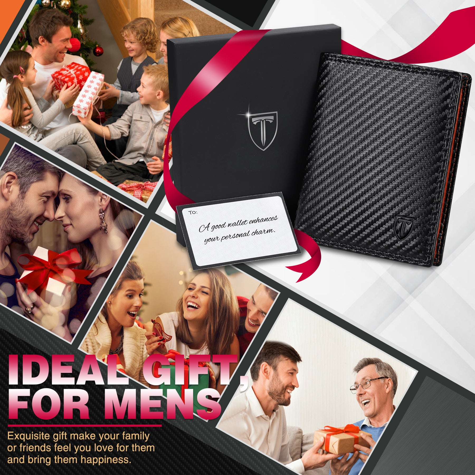 TEEHON Wallets Mens RFID Blocking, Carbon Fiber Leather UK, 12 Credit Card Holders & ID Window & Coin Pocket & 2 Banknote Compartments, Bifold Wallet w/ Gift Box Black & Orange, 12. 5x10. 5x1. 9cm