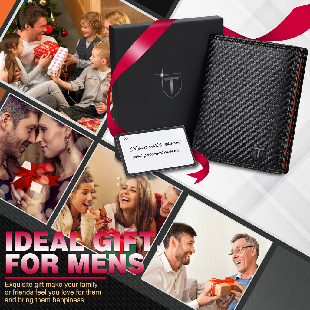 TEEHON Wallets Mens RFID Blocking, Carbon Fiber Leather UK, 12 Credit Card Holders & ID Window & Coin Pocket & 2 Banknote Compartments, Bifold Wallet w/ Gift Box Black & Orange, 12. 5x10. 5x1. 9cm
