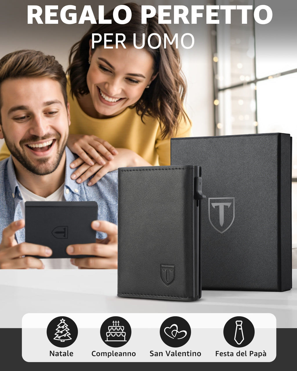 TEEHON Portafoglio Uomo Slim, Portacarte in Pelle con Protezione RFID, Porta Carte di Credito Uomo Piccolo, Porta Tessere con Portamonete e Scomparti Banconote - Confezione Regalo - NERO